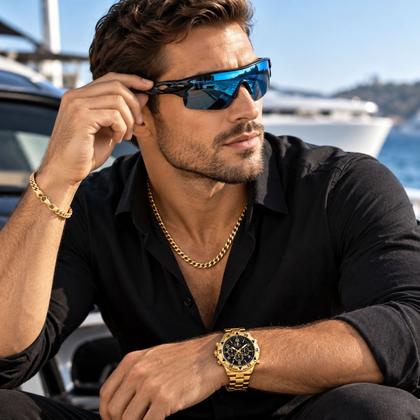 Imagem de relogio masculino dourado + cordão + oculos sol + pulseira original social proteção uv religioso aço inoxidável presente