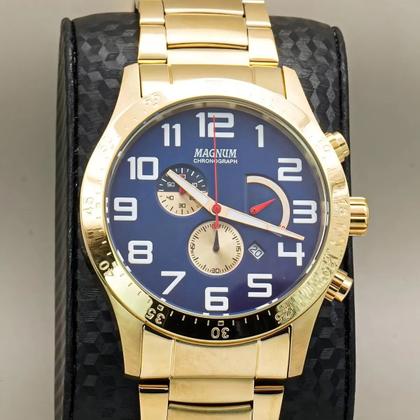 Imagem de Relógio Masculino Dourado e Azul Analógico de Pulso com Pulseira e Caixa de Aço Inoxidável à Prova D Água Social Casual Luxo Elegante Magnum