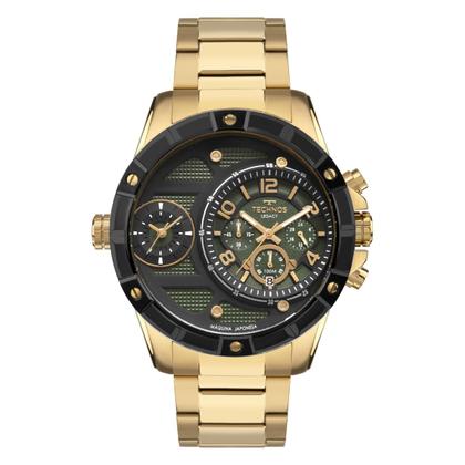 Imagem de Relógio Masculino Dourado e Verde Analógico de Pulso com Caixa e Pulseira de Aço Inoxidável à Prova D Água Cronógrafo Grande Robusto Luxo Technos