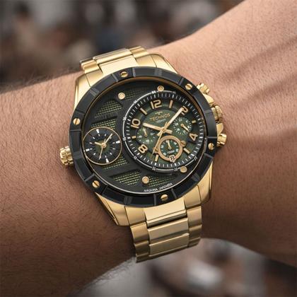Imagem de Relógio Masculino Dourado e Verde Analógico de Pulso com Caixa e Pulseira de Aço Inoxidável à Prova D Água Cronógrafo Grande Robusto Luxo Technos