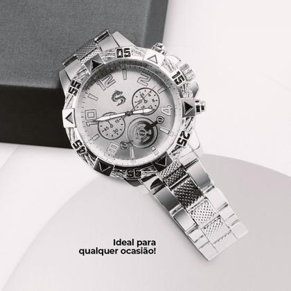 Imagem de relogio masculino grande prateado original aço inox + caixa qualidade premium edição limitada dragão original analogico