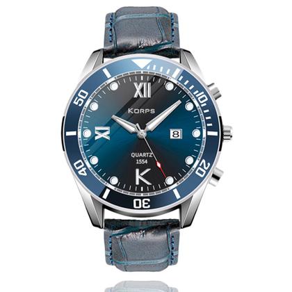 Imagem de Relógio Masculino Luxo Korps 1554 Aviator Pulseira Couro Azul