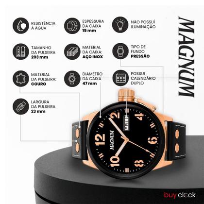 Imagem de Relógio Masculino Magnum Bronze Aço Inoxidável Couro Preto Mostrador Preto Original Resistente à Água MA32783P