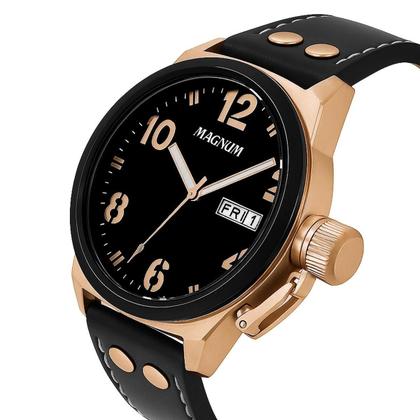 Imagem de Relógio Masculino Magnum Bronze Aço Inoxidável Couro Preto Mostrador Preto Original Resistente à Água MA32783P