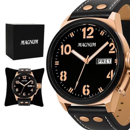 Imagem de Relógio Masculino Magnum Bronze Aço Inoxidável Couro Preto Mostrador Preto Original Resistente à Água MA32783P