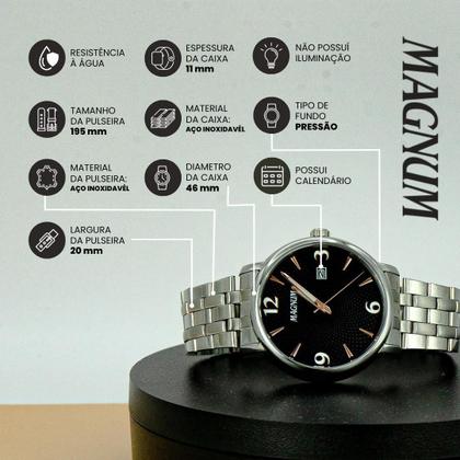 Imagem de Relógio Masculino Magnum Prata Aço Inoxidável Mostrador Preto Original Resistente à Água MA34594T