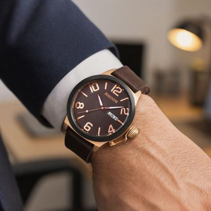 Imagem de Relógio Masculino Marrom Analógico de Pulso com Pulseira de Couro e Caixa de Aço Inoxidável à Prova D Água Luxo Elegante Casual Social Magnum
