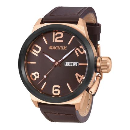 Imagem de Relógio Masculino Marrom Analógico de Pulso com Pulseira de Couro e Caixa de Aço Inoxidável à Prova D Água Luxo Elegante Casual Social Magnum