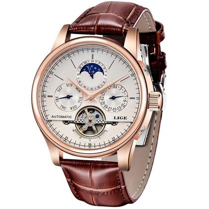 Imagem de Relógio Masculino Mecânico Automático LIGE - Retrô, Couro Genuíno, à Prova d'Água e Estilo Militar