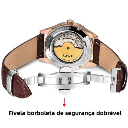Imagem de Relógio Masculino Mecânico Automático LIGE - Retrô, Couro Genuíno, à Prova d'Água e Estilo Militar
