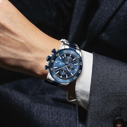 Imagem de Relógio Masculino Megalith Original de Pulso Prateado com Mostrador Azul, Aço Inoxidável, Analógico, Cronógrafo, à Prova d'Água, para Homens Exigentes