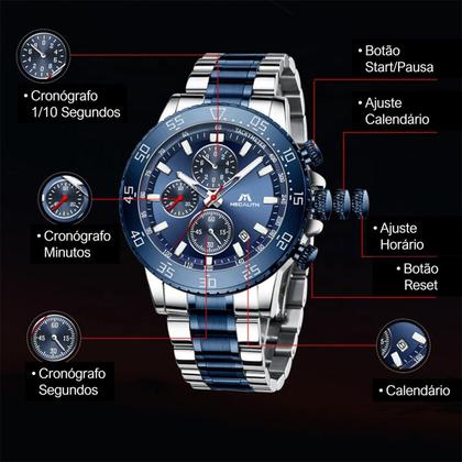 Imagem de Relógio Masculino Megalith Original de Pulso Prateado com Mostrador Azul, Aço Inoxidável, Analógico, Cronógrafo, à Prova d'Água, para Homens Exigentes