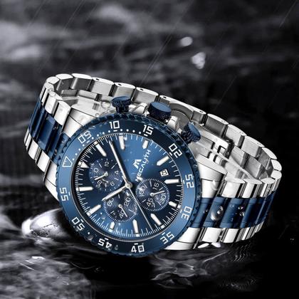 Imagem de Relógio Masculino Megalith Original de Pulso Prateado com Mostrador Azul, Aço Inoxidável, Analógico, Cronógrafo, à Prova d'Água, para Homens Exigentes