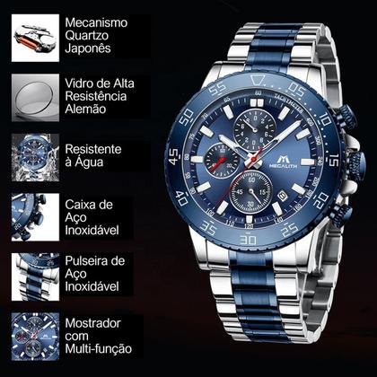 Imagem de Relógio Masculino Megalith Original de Pulso Prateado com Mostrador Azul, Aço Inoxidável, Analógico, Cronógrafo, à Prova d'Água, para Homens Exigentes