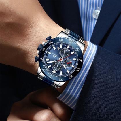 Imagem de Relógio Masculino Megalith Original de Pulso Prateado com Mostrador Azul, Aço Inoxidável, Analógico, Cronógrafo, à Prova d'Água, para Homens Exigentes