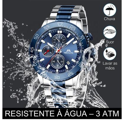 Imagem de Relógio Masculino Megalith Original de Pulso Prateado com Mostrador Azul, Aço Inoxidável, Analógico, Cronógrafo, à Prova d'Água, para Homens Exigentes