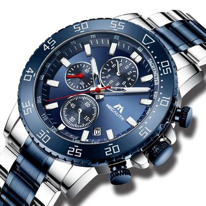 Imagem de Relógio Masculino Megalith Original de Pulso Prateado com Mostrador Azul, Aço Inoxidável, Analógico, Cronógrafo, à Prova d'Água, para Homens Exigentes