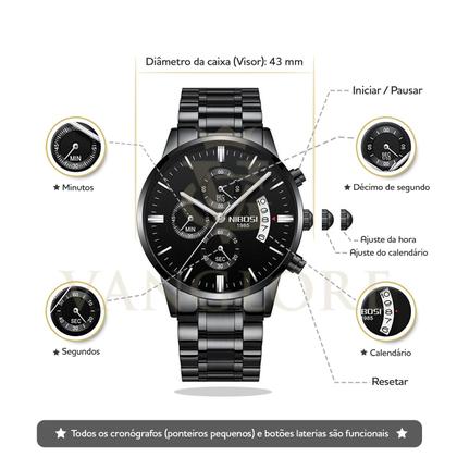 Imagem de Relógio Masculino Nibosi 2309 Diversas Cores Original Aço Inox Cronógrafo Funcional Caixinha Original
