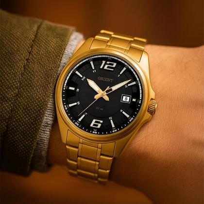 Imagem de Relógio Masculino Orient Dourado Aço Mostrador Preto Original Resistente à Água MGSS1168G2KX