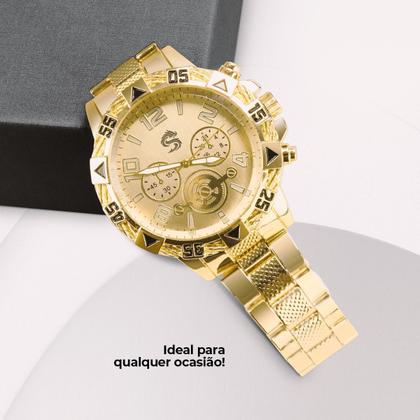 Imagem de Relogio masculino original aço inox grande dourado + caixa casual social dragão pesado presente analogico original