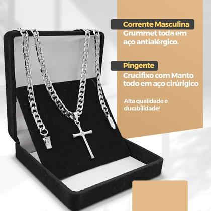Imagem de Relogio Masculino Prata + Cordão Cruz + Oculos Sol robusto religioso inoxidável crucifixo cruz pesado casual analogico