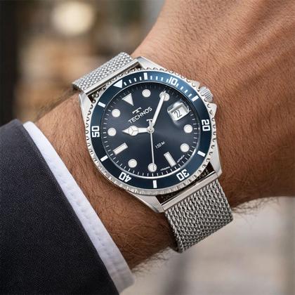 Imagem de Relógio Masculino Prata e Azul Analógico de Pulso Movimento Quartzo com Caixa e Pulseira de Aço Inoxidável à Prova D Água Luxo Social Casual Technos