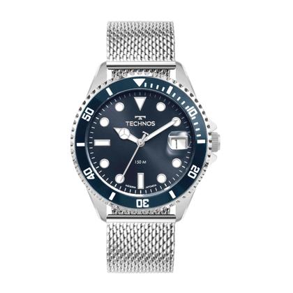 Imagem de Relógio Masculino Prata e Azul Analógico de Pulso Movimento Quartzo com Caixa e Pulseira de Aço Inoxidável à Prova D Água Luxo Social Casual Technos