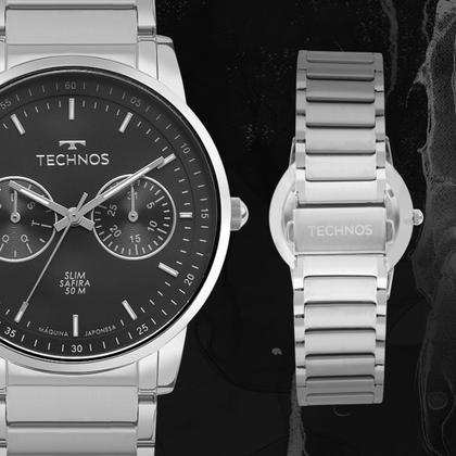 Imagem de Relógio Masculino Prata e Preto Analógicco de Pulso Movimento Quartzo Caixa e Pulseira de Aço Inoxidável à Prova D Água Luxo Elegante Social Technos