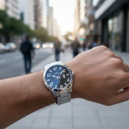 Imagem de Relógio Masculino Prata e Preto Analógico de Pulso com Caixa e Pulseira de Aço Inoxidável à Prova D Água Luxo Casual Social Technos