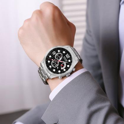 Imagem de Relógio Masculino Prata e Preto Analógico de Pulso Quartzo com Pulseira e Caixa de Aço Inoxidável à Prova D Água Luxo Elegante Casual Social Magnum