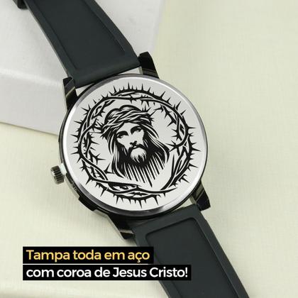Imagem de Relogio Masculino Preto Aço + Colar Crucifixo inoxidável oração pai nosso qualidade premium ponteiro robusto pesado