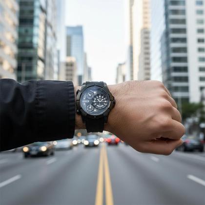 Imagem de Relógio Masculino Preto Analógico de Pulso Cronógrafo Com Caixa de Aço Inoxidável e Pulseira de Silicone à Prova D Água Grande Robusto Technos