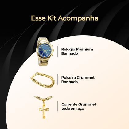 Imagem de Relógio Masculino Prova Dágua Banhado Ouro 18k Colar Grummet Pulseira 12mm Kit Presente Luxo