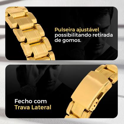 Imagem de Relógio Masculino Prova Dágua Banhado Ouro 18k Colar Grummet Pulseira 12mm Kit Presente Luxo