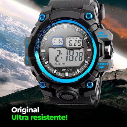 Imagem de relogio masculino prova dagua premium digital qualidade presente robusto cronometro alarme azul preto original grande