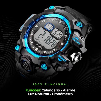 Imagem de relogio masculino prova dagua premium digital qualidade presente robusto cronometro alarme azul preto original grande