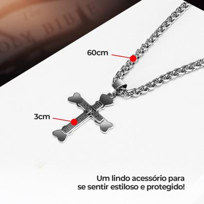 Imagem de Relógio Masculino Pulseira material sintético Social Preto Luxo Funcional + Corrente Cruz Prata + Caixa