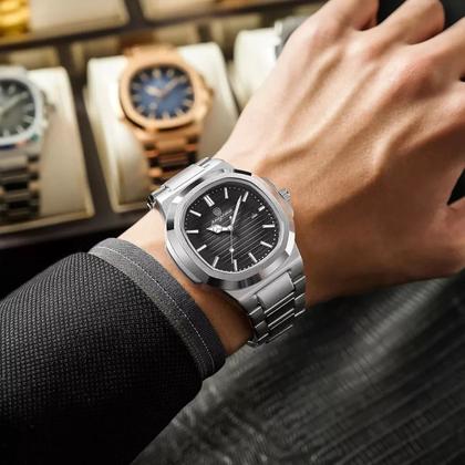 Imagem de Relógio Masculino Quartzo Analógico Prata +Pulseira Hematita