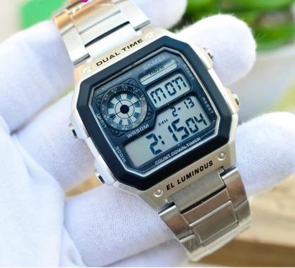 Imagem de Relógio masculino skmei 1335 prata digital dual time social inox prova dágua