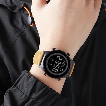 Imagem de Relógio Masculino Skmei Digital 2079  Preto e Marrom, Com Pulseira de Couro, Resistente à Água 3ATM, Luz Verde
