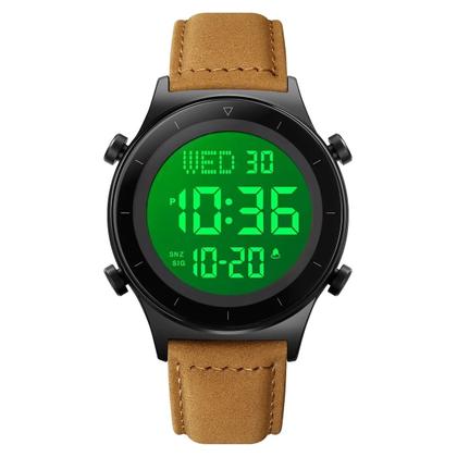 Imagem de Relógio Masculino Skmei Digital 2079  Preto e Marrom, Com Pulseira de Couro, Resistente à Água 3ATM, Luz Verde