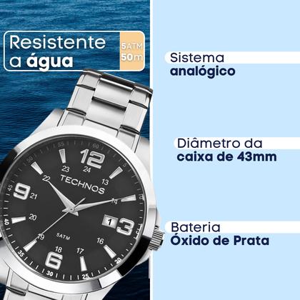 Imagem de Relógio Masculino Technos Aço Prata Analógico com Calendário Original Elegante e Resistente à Água 