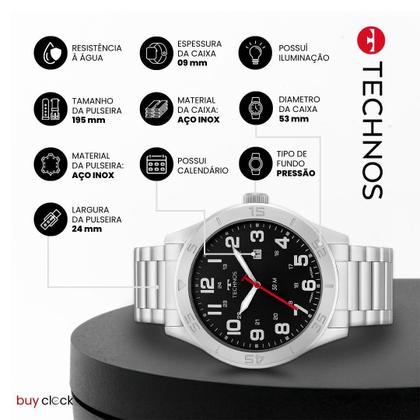 Imagem de Relogio Masculino Technos Analogico Aço Inoxidavel Prata Mostrador Preto Performance Militar Original Resistente a Agua 1 Ano de Garantia 2115NAO1P