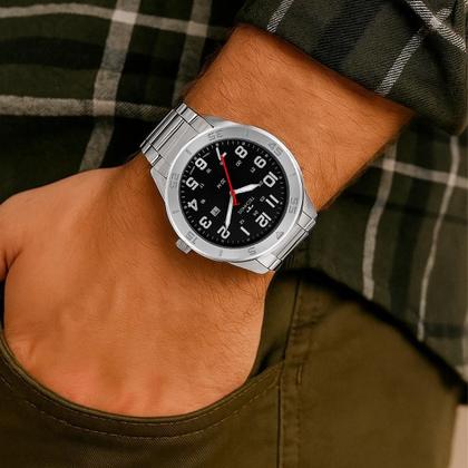 Imagem de Relogio Masculino Technos Analogico Aço Inoxidavel Prata Mostrador Preto Performance Militar Original Resistente a Agua 1 Ano de Garantia 2115NAO1P