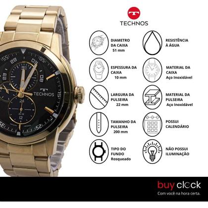 Imagem de Relogio Masculino Technos Classic Grandtech Analogico Aço Inoxidavel Dourado Original Resistente a Agua 1 Ano de Garantia RT6P57AA4P