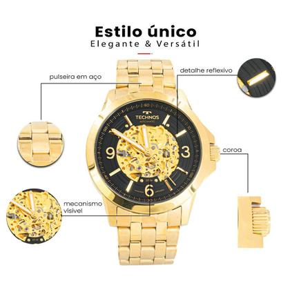 Imagem de Relógio Masculino Technos Dourado Aço Inoxidável Automático Mostrador Preto Original Resistente à Água RT8N24AK4P