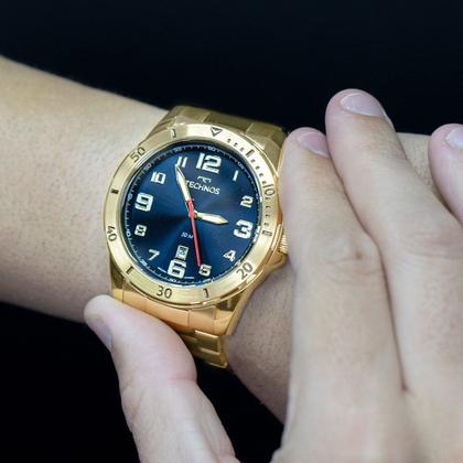 Imagem de Relógio Masculino Technos Militar Dourado Mostrador Azul Original Resistente à Água 2115MYL1A