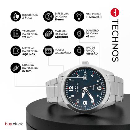Imagem de Relógio Masculino Technos Prata Aço Inoxidável Mostrador Azul Petróleo Original Resistente à Água 2115TYR1A