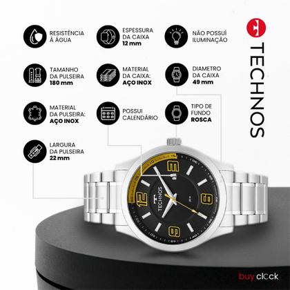 Imagem de Relógio Masculino Technos Prata Aço Mostrador Preto Original Resistente à Água 2115KLM1L