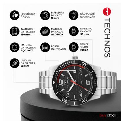 Imagem de Relógio Masculino Technos Prata Aço Mostrador Preto Original Resistente à Água 2115TWC1P